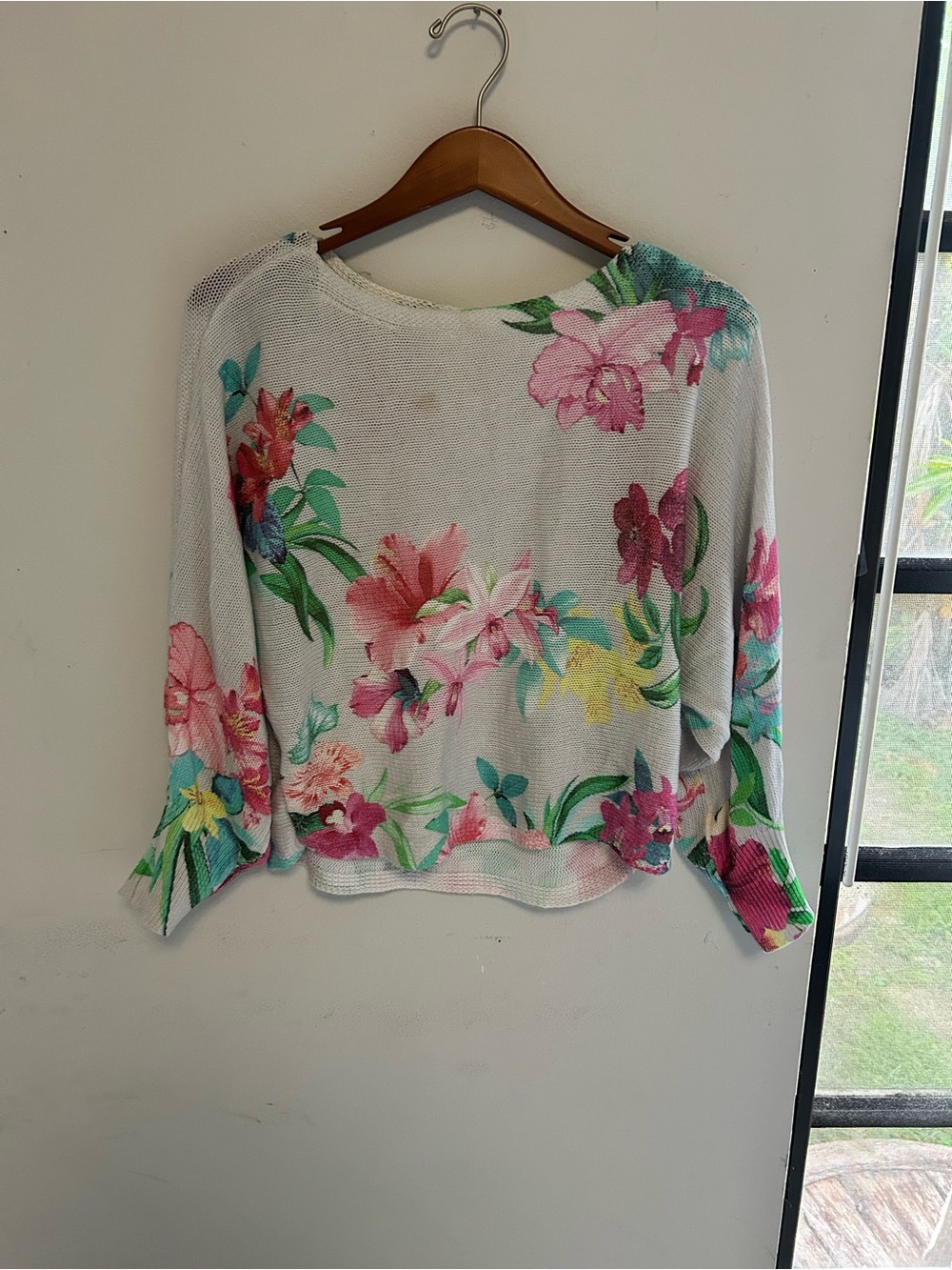 Tommy Bahama White Knit Top with Pink & Green Floral Print